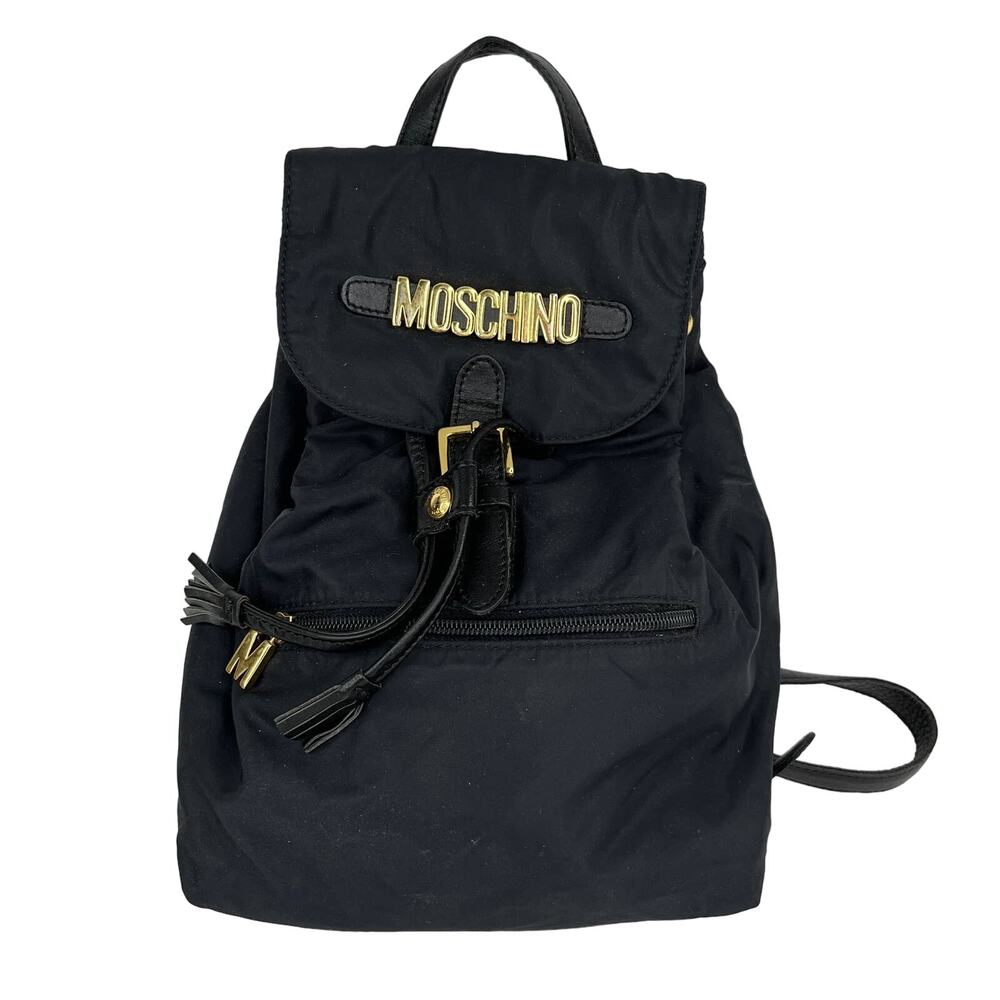 MOSCHINO Mini Black Nylon Leather Trim Backpack Gold-tone Logo